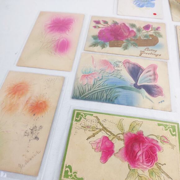 Set of 12 Antique Early 1900s Embossed Flower Postcards, Glitter Rose Sunflower+ - Picture 2 of 6